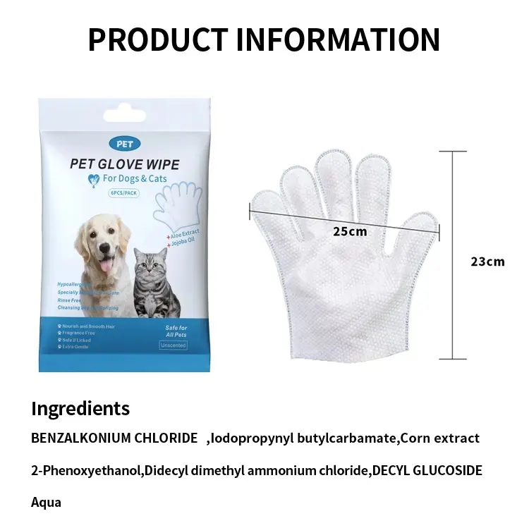 6Pcs Pet Glove Wipes - Hypoallergenic & Aloe for All Animals