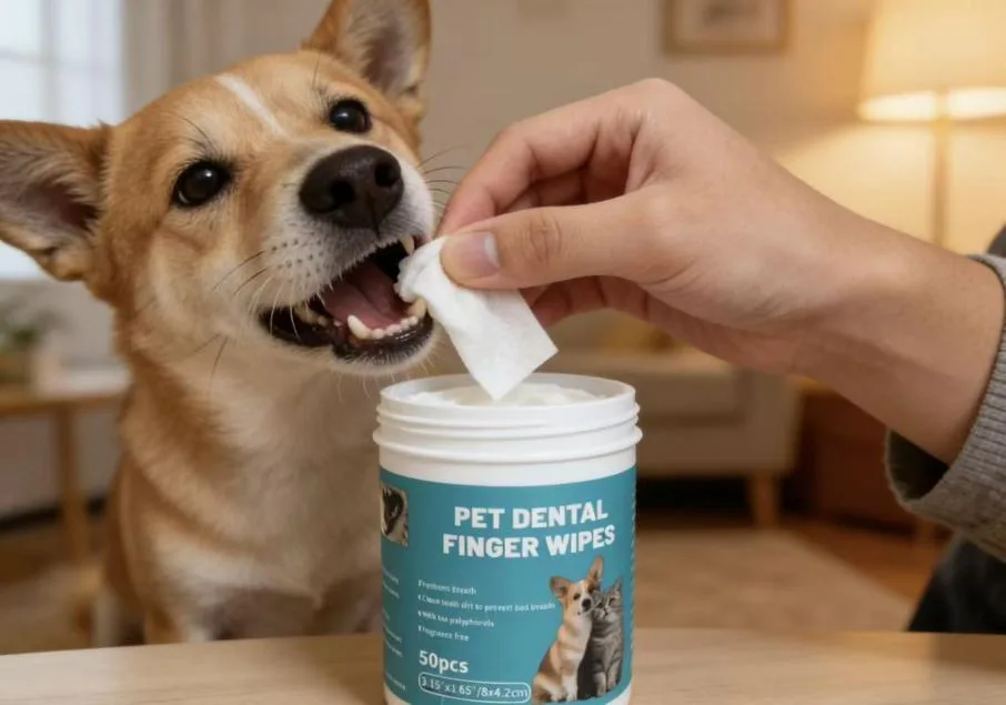 The owner is cleaning dog's teeth