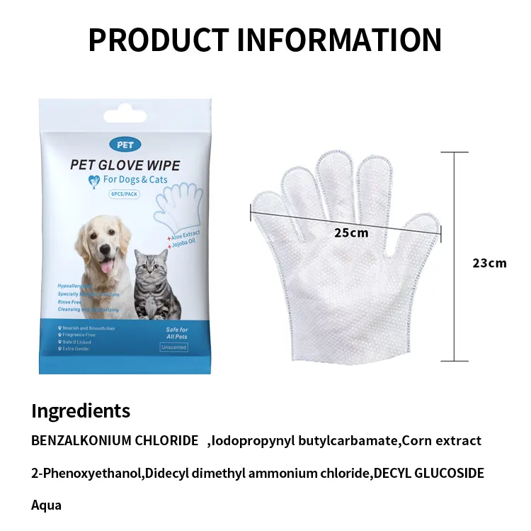 6Pcs Pet Glove Wipes - Hypoallergenic & Aloe for All Animals
