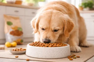 Golden retriever puppy eating high-quality dry dog food from a ceramic bowl in a bright kitchen.