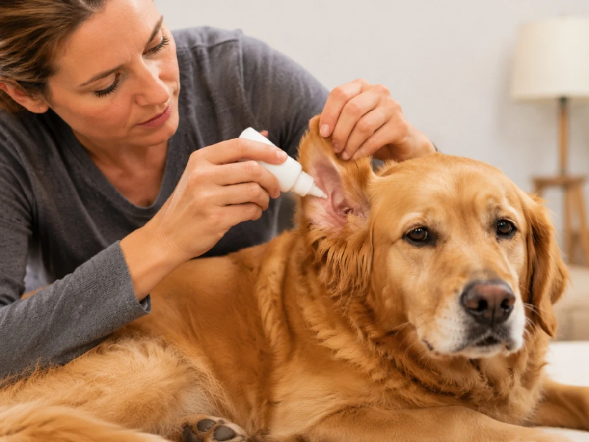 A pet owner administers antifungal ear drops for dogs.