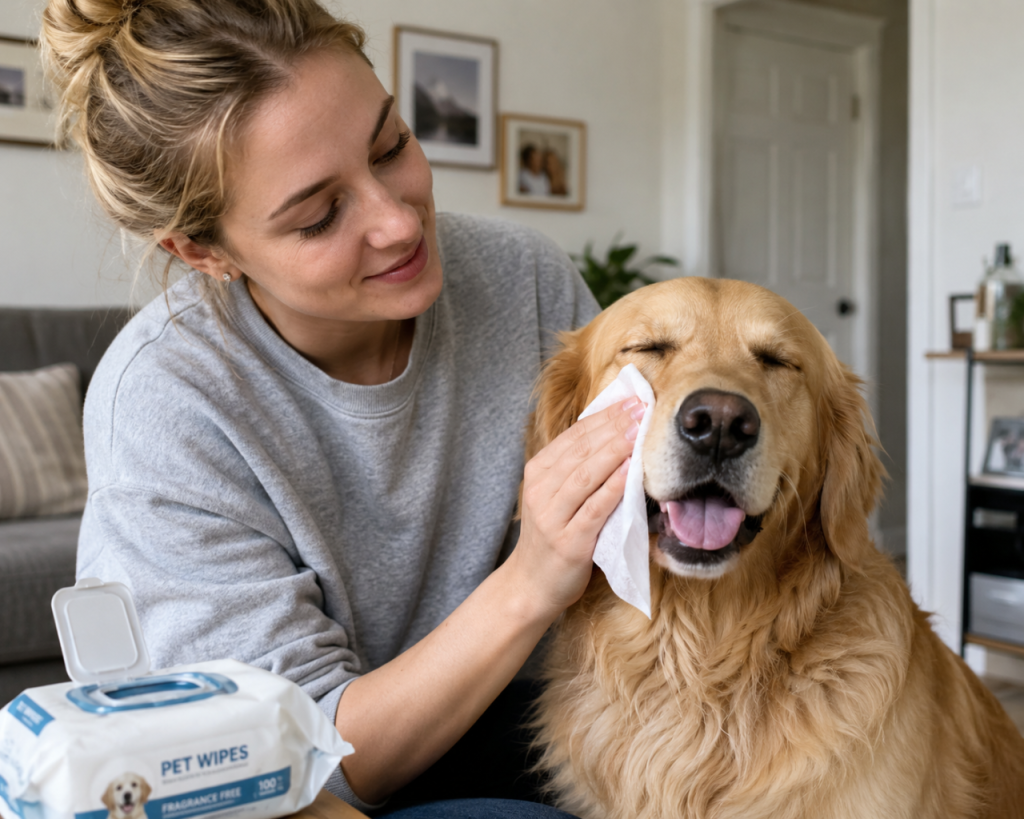 a pet owner is using pet wipes with her dog