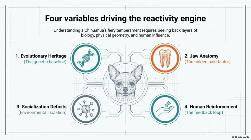 Infographic listing the 4 core reasons: why are Chihuahuas so aggressive