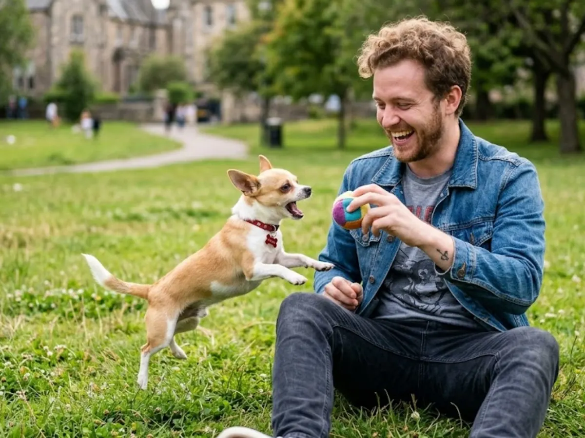 IMAGE: A Chihuahuas is playing with its owner.