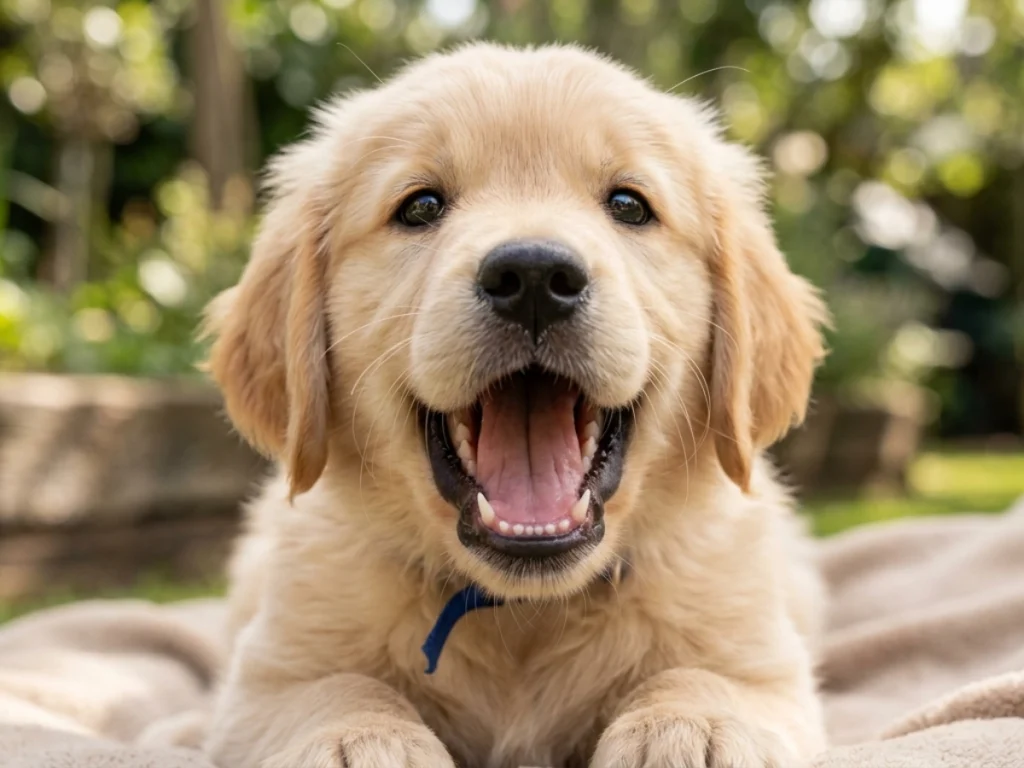 A 2-month-old puppy opening its mouth showing baby teeth