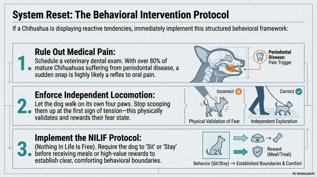 Infographic System Reset: The Behavioral Intervention Protocol for reactive Chihuahuas, 3-step guide to fix snappy Chihuahua behavior: rule out dental pain, independent walking, NILIF training method