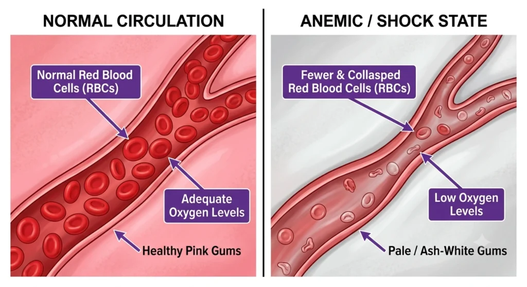 Medical diagram comparing normal canine blood flow to severe anemia in dogs with pale gums