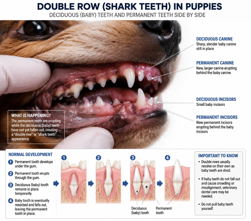 An informative chart explaining retained deciduous teeth or shark teeth in puppies