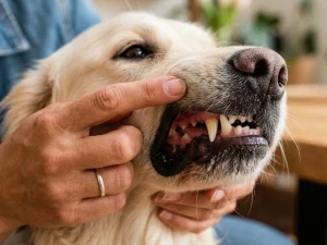 The dog owner is checking his dog's gums.