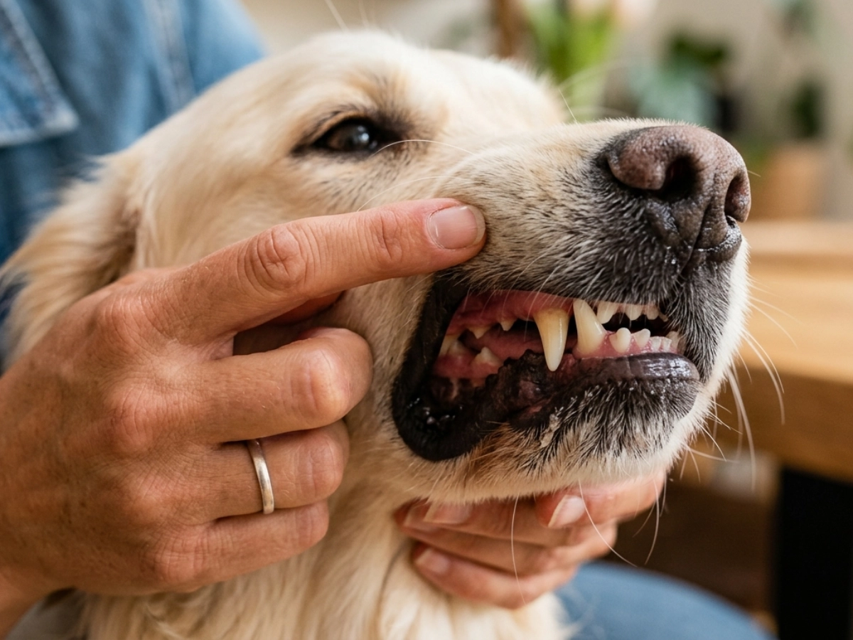 The dog owner is checking his dog's gums.