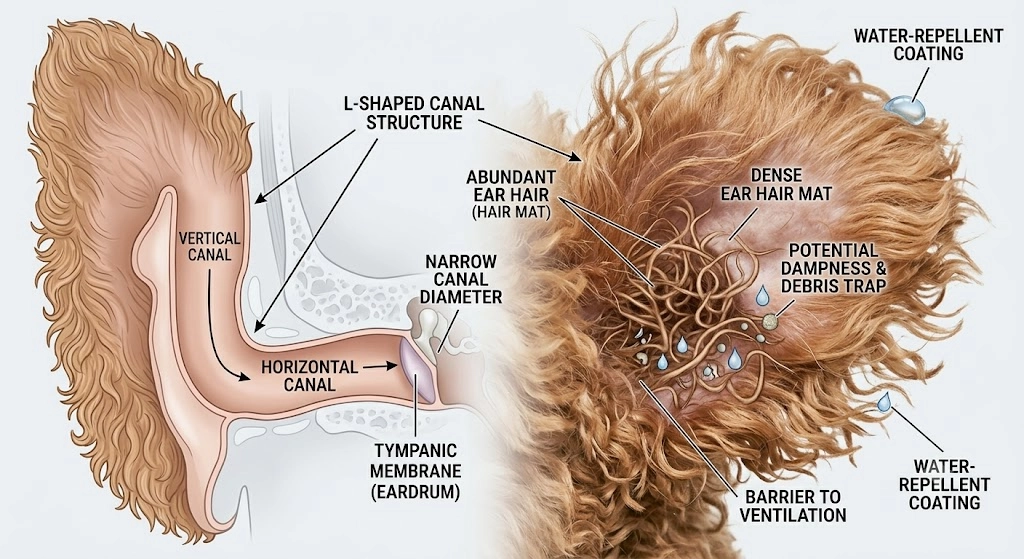 The ear features of a poodle