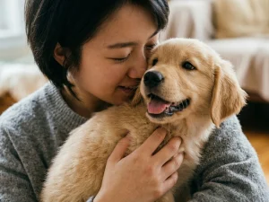 A pet parent hugging a golden retriever puppy warmly