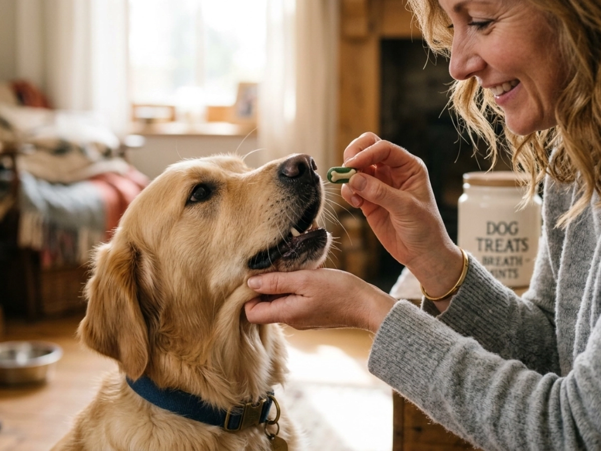 Feeding the best breath mints for dogs to a golden retriever