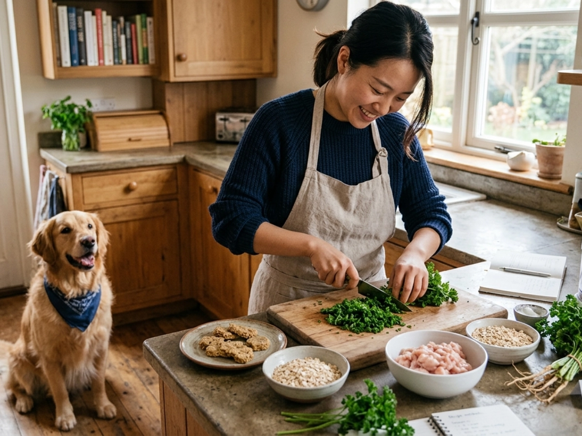 A pet parent preparing healthy ingredients with fresh curly parsley next to her golden retriever pup