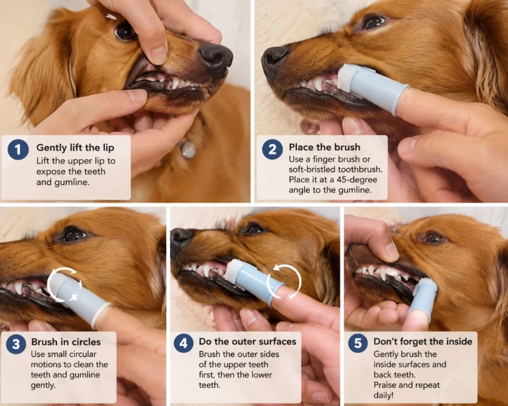 A step-by-step guide on how to brush a puppy's teeth at a 45-degree angle
