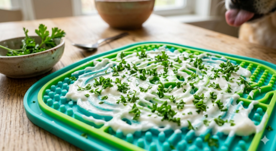 The dog is licking yogurt mixed with chopped parsley.