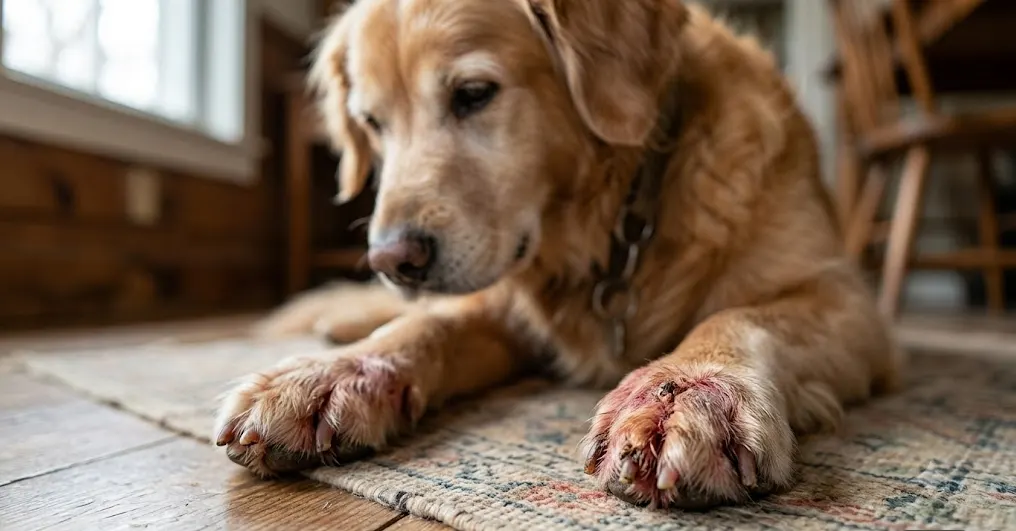 A dog with chronic paw yeast infection