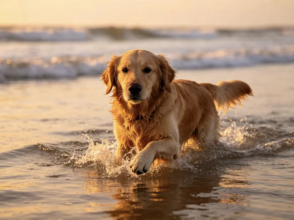 A floppy-eared dog plays at the beach to prevent dog swimmer's ear