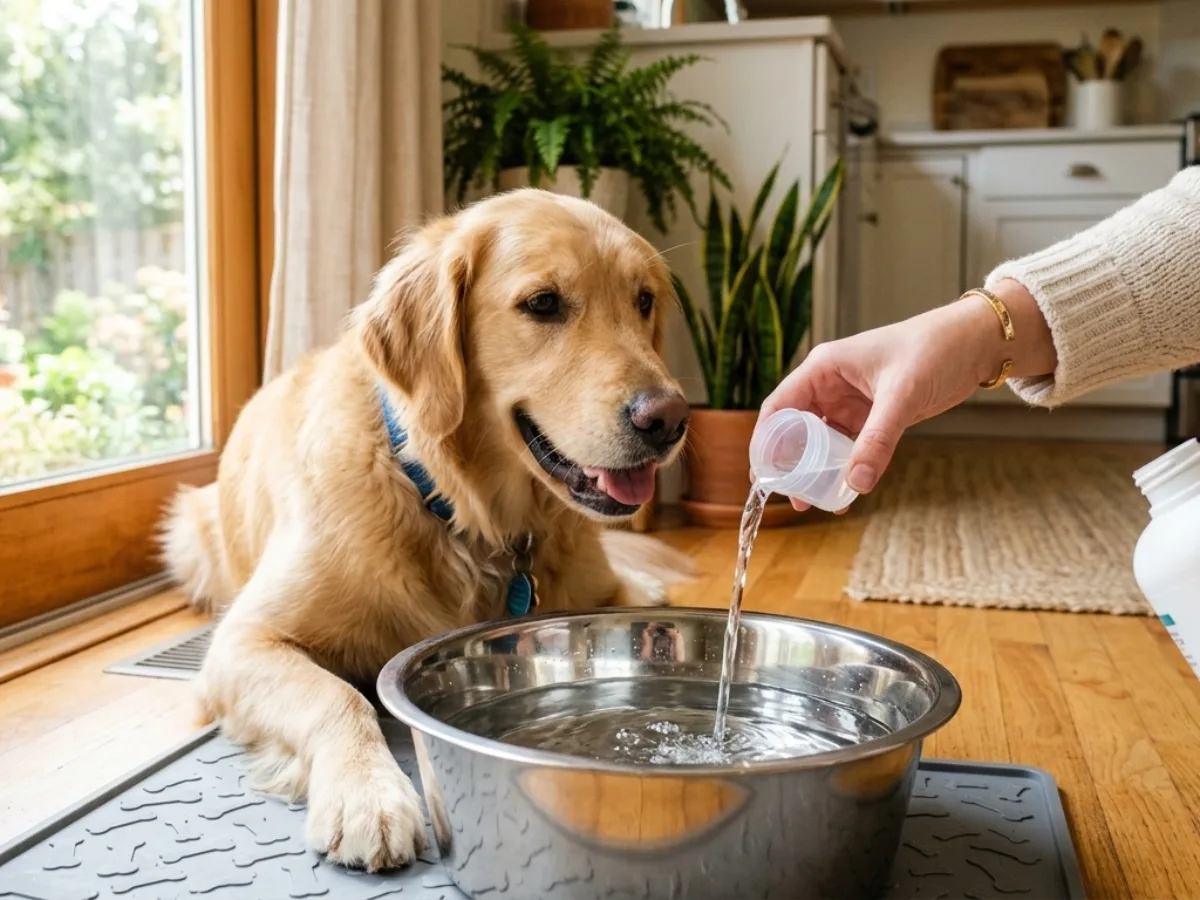 Dog owner adding a liquid dog mouthwash additive into a Golden Retriever's fresh water bowl.