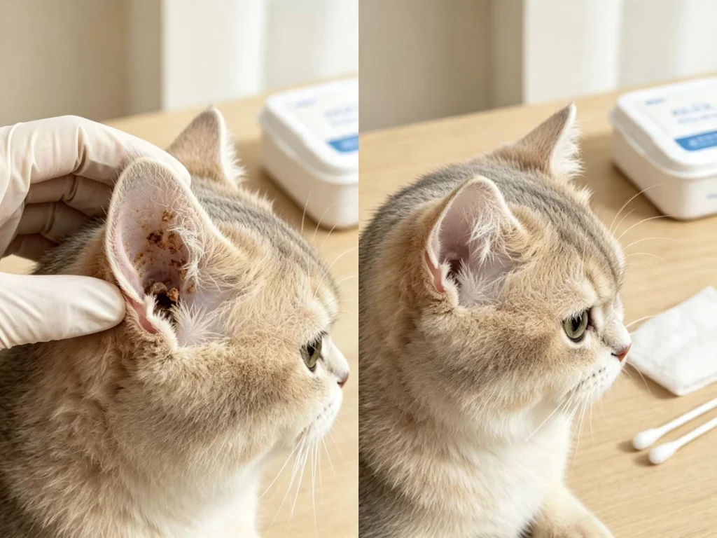 Illustration Showing the Results of Cleaning a Cat's Ears Before and After