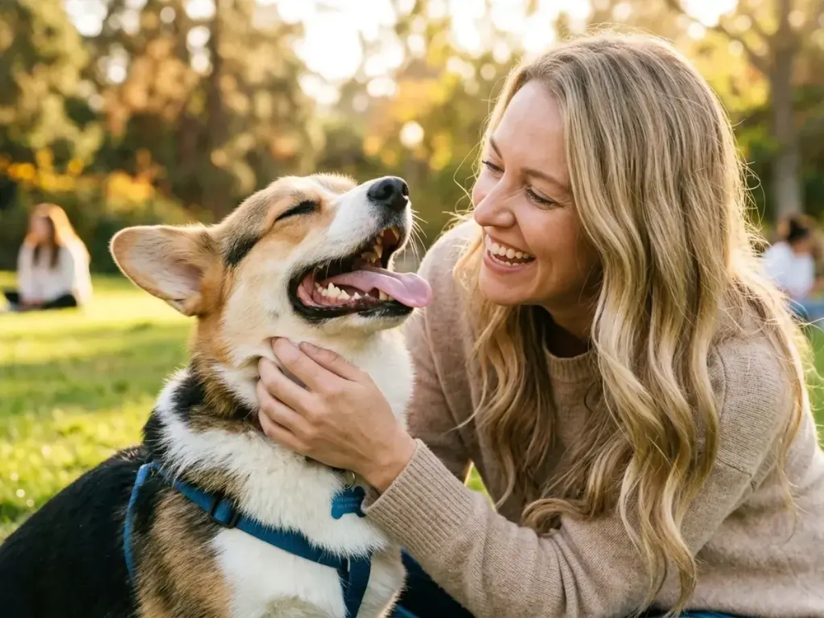 The pet owner is affectionately stroking a cheerful Corgi with its mouth open in a grin and spotlessly clean teeth