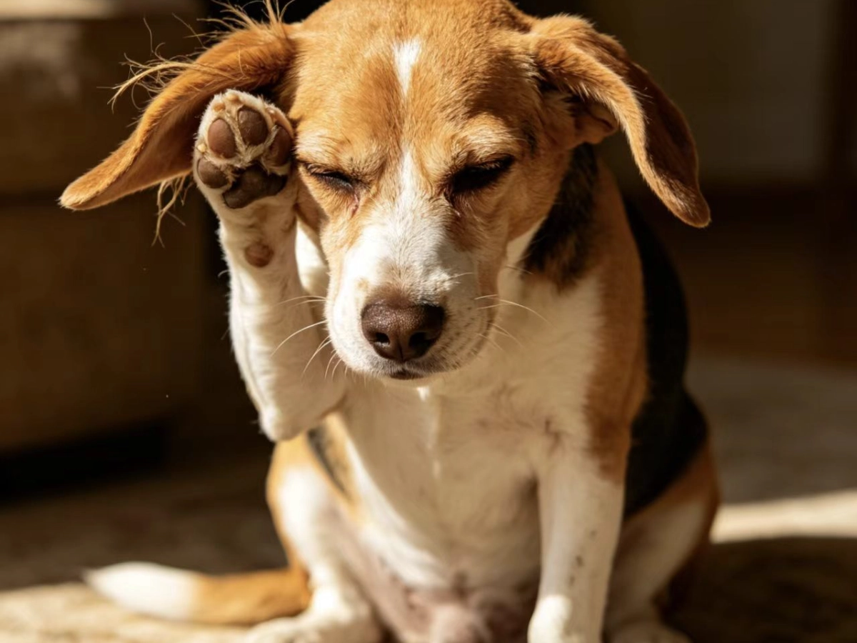 A beagle suffering from dog ear problems and shaking head