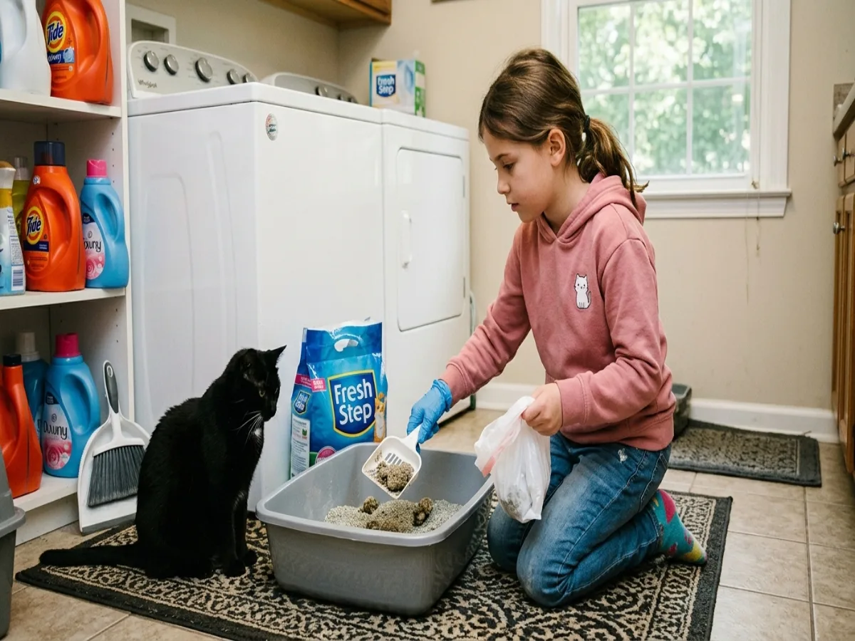 Clean a Litter Box: A girl scooping used litter from a cat litter box while cleaning it at home