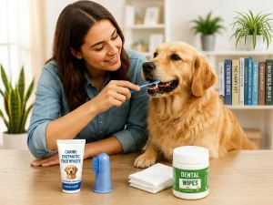 dog teeth cleaning at home with a toothbrush