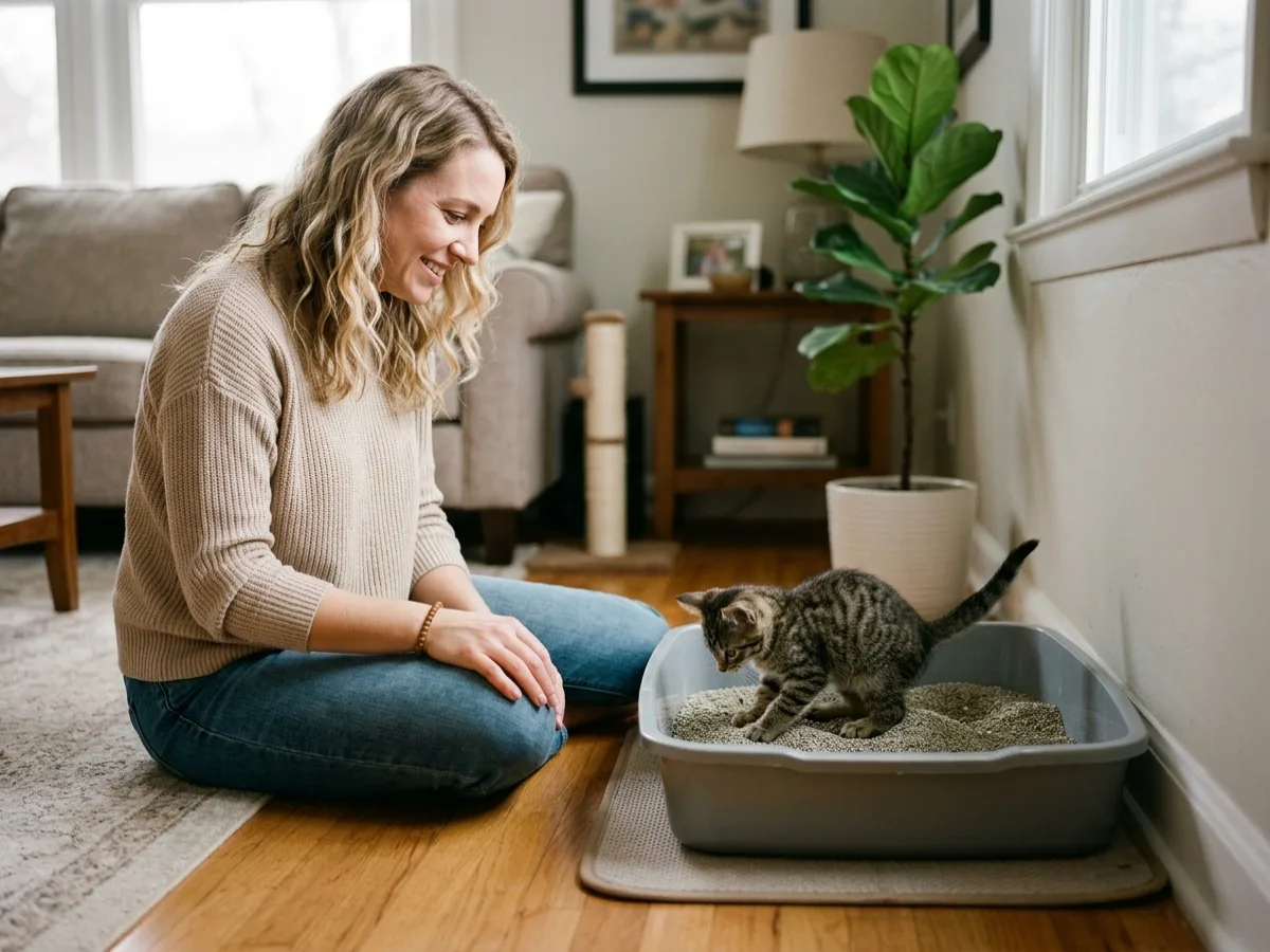 An American woman sitting on the floor in a cozy living room, smiling as she watches a small tabby kitten inside a gray litter box, illustrating how to litter train a kitten.