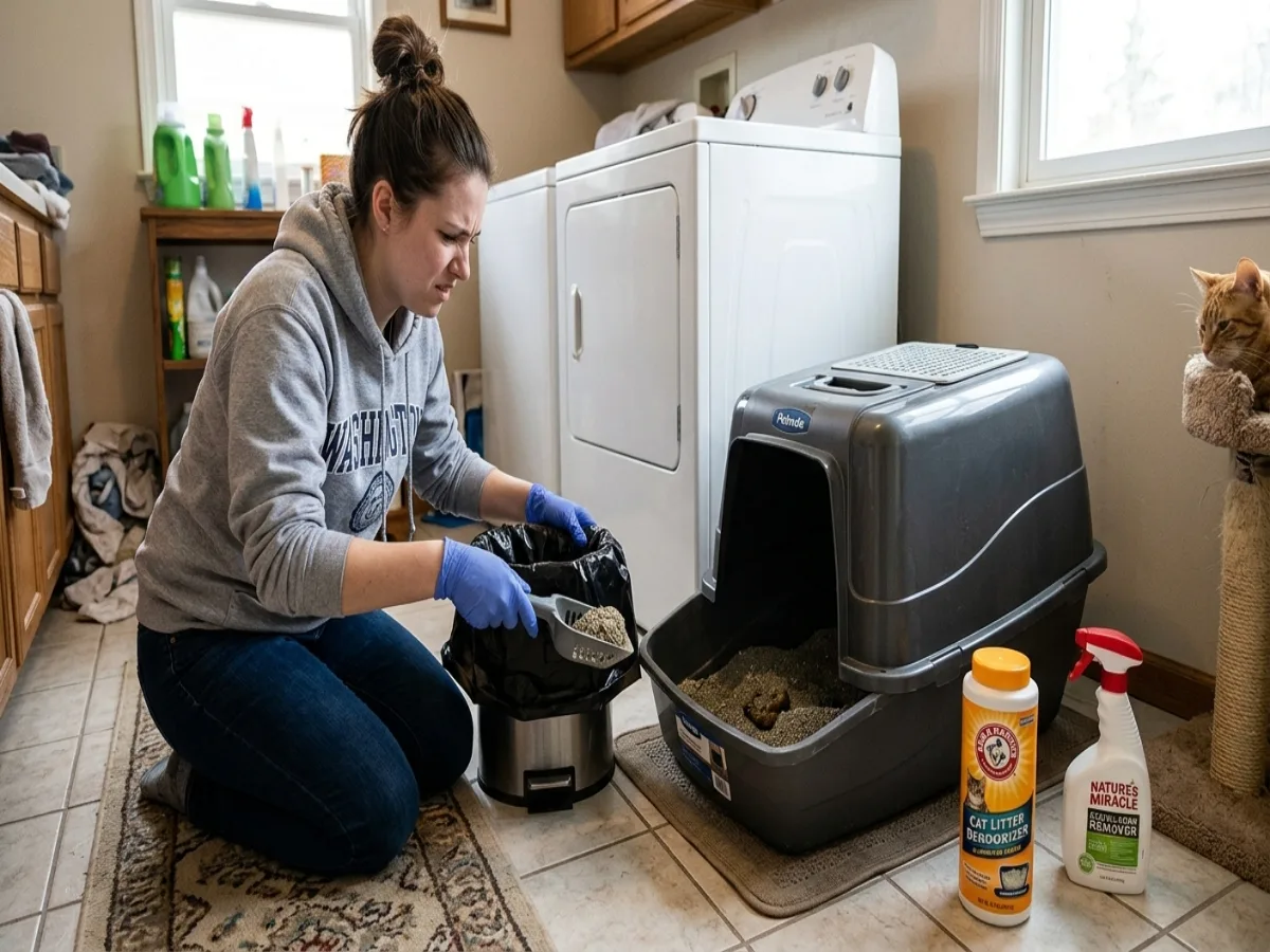 Woman reacting to strong litter box odor while scooping cat litter in a home laundry room.