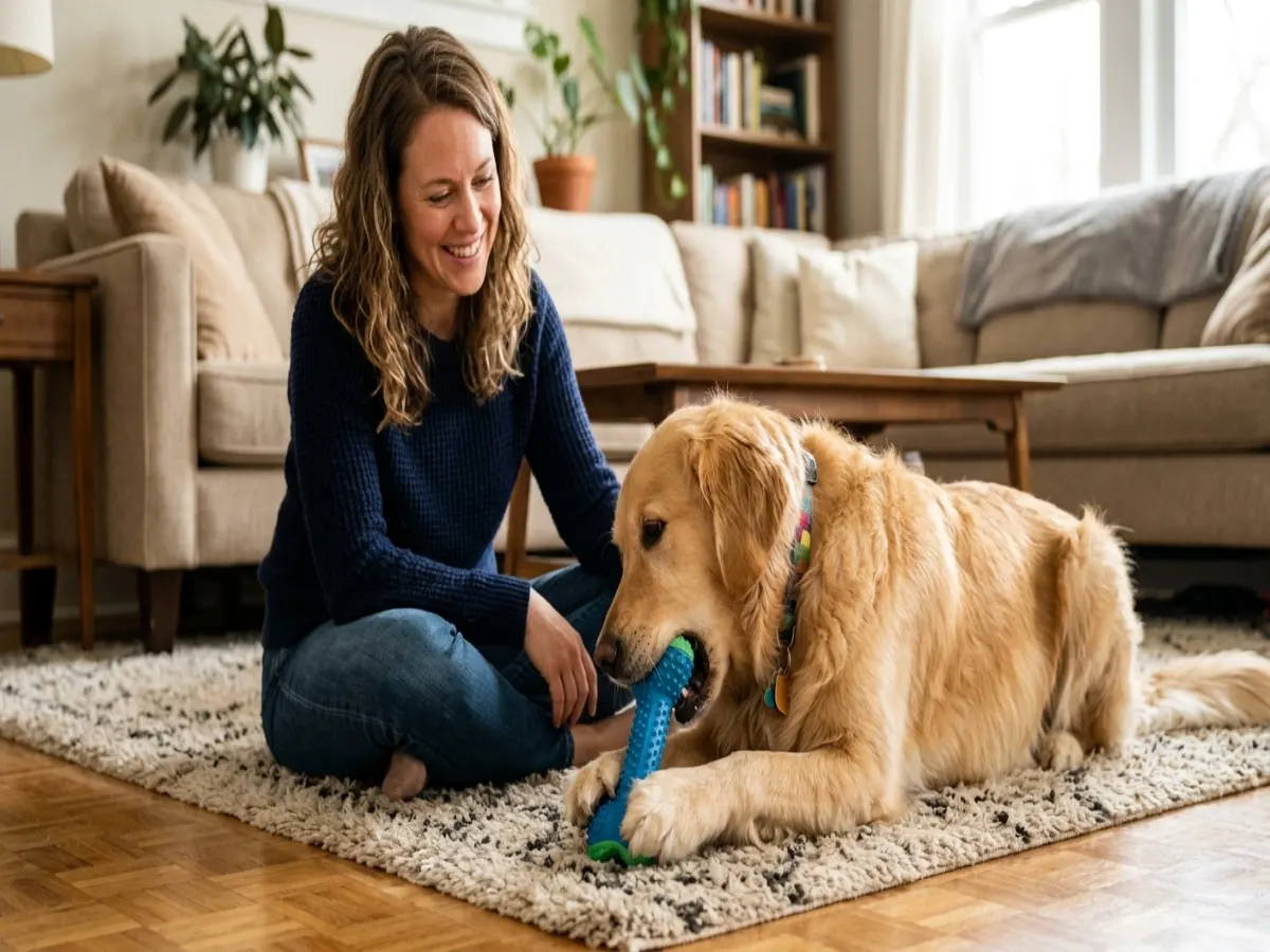 Golden retriever chewing a textured blue dog dental toys on a carpeted living room floor, with a woman sitting nearby watching with a smiling expression.