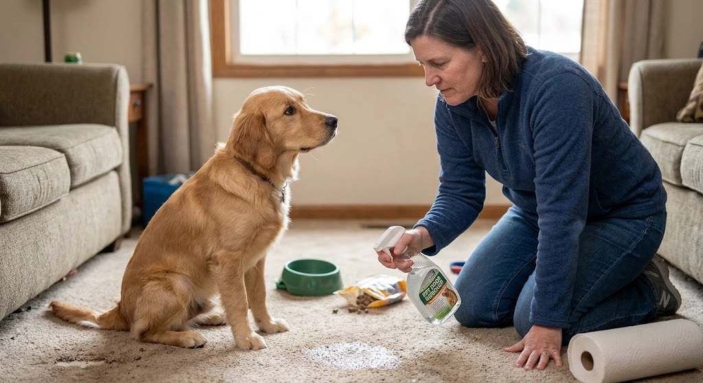 Yelling at the dog after an indoor accident without properly cleaning